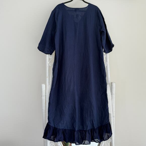 100% Linen Dress Medium Navy Ruffle Lagenlook Coastal Pockets Flowy Minimalist - Picture 5 of 9